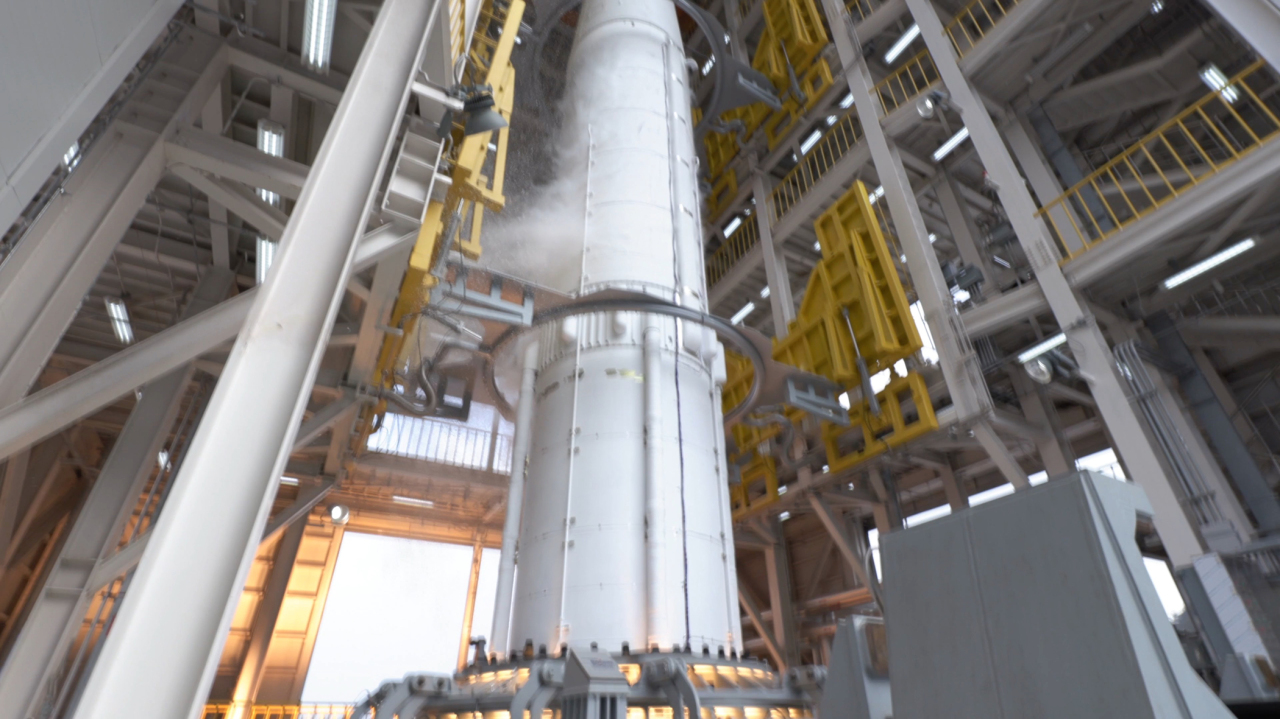 This file photo, provided by the Korea Aerospace Research Institute on Jan. 28, 2021, shows South Korea's locally built Nuri rocket undergoing a first-stage engine combustion test at the Naro Space Center in Goheung, 485 kilometers south of Seoul. (Korea Aerospace Research Institute)