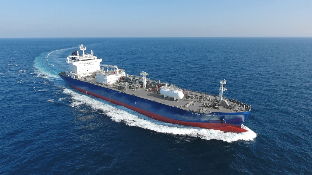 This photo provided by Korea Shipbuilding & Offshore Engineering Co. on Monday, shows a LPG carrier built by Hyundai Mipo Dockyard Co. (Korea Shipbuilding & Offshore Engineering Co.)