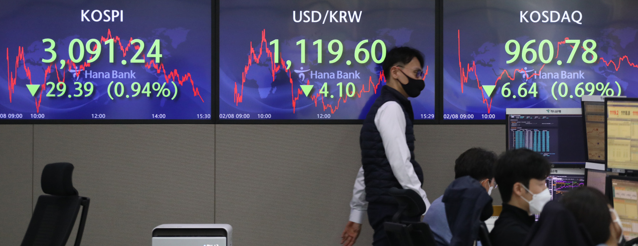 Electronic signboards at the trading room of Hana Bank in Seoul show the benchmark Kospi closed at 3,091.24 on Monday, fell 29.39 points or 0.94 percent from the previous session's close. (Yonhap)