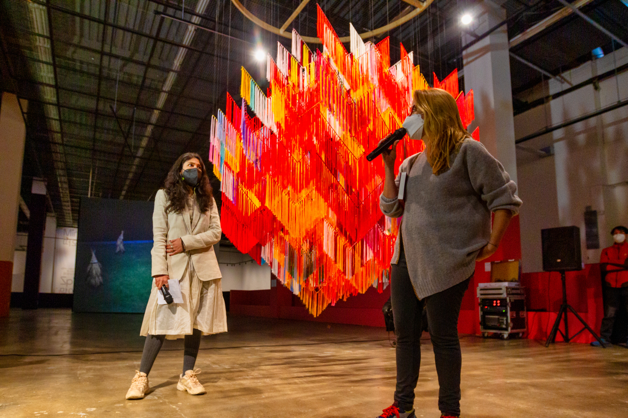 Gwangju Biennale artistic directors Natasha Ginwala (left) and Defne Ayas explain the theme of the biennale. (Park Yuna/The Korea Herald)