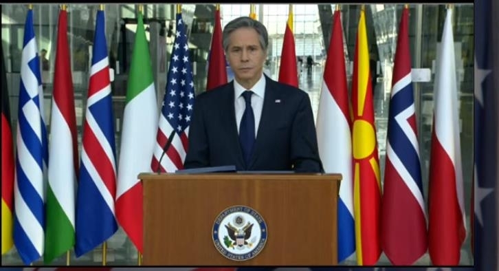 The captured image from the website of the US State Department shows Secretary of State Antony Blinken speaking at a press conference in Brussels on Wednesday. (US State Department)