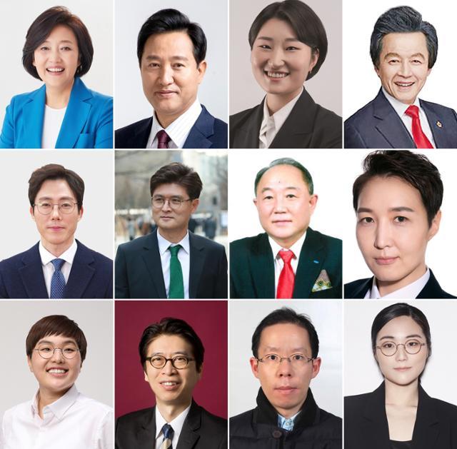 The candidates running in the April 7 Seoul mayoral by-election, from left, are (top row) Park Young-sun of the Democratic Party of Korea, Oh Se-hoon of the People Power Party, Shin Ji-hye of the Basic Income Party, Huh Kyung-young of the National Revolutionary Party, (middle row) Oh Tae-yang of the Mirae Party, Lee Su-bong of the Minsaeng Party, Bae Young-kyu of the New Liberal Democratic Union, Kim Jin-ah of the Women’s Party, (bottom row) Song Myung-sook of the Jinbo Party, and independent candidates Chung Dong-hee, Lee Do-yeop and Shin Ji-ye. (Yonhap)