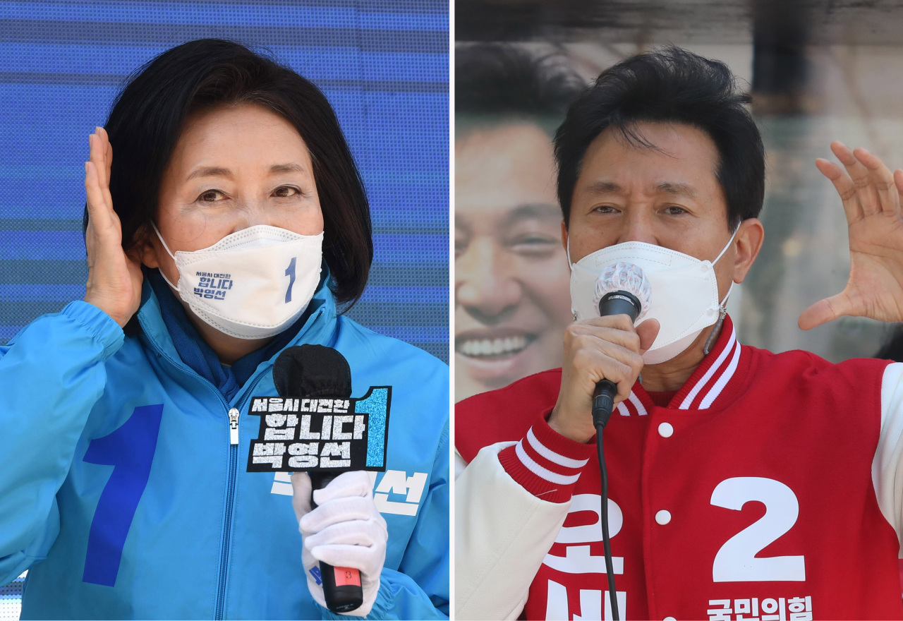 These photos provided by the National Assembly press corps show the Democratic Party's Seoul mayoral candidate Park Young-sun (L) and People Power Party candidate Oh Se-hoon during their election campaigns on Tuesday. (Yonhap)