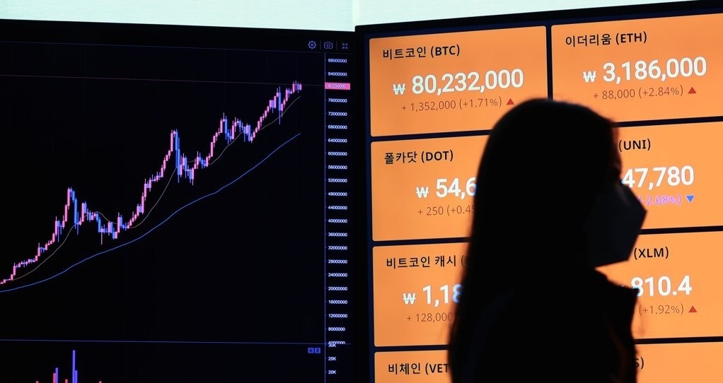 Signboards show price movements of bitcoin and other virtual currencies on an exchange in South Korea on April 16. (Yonhap)