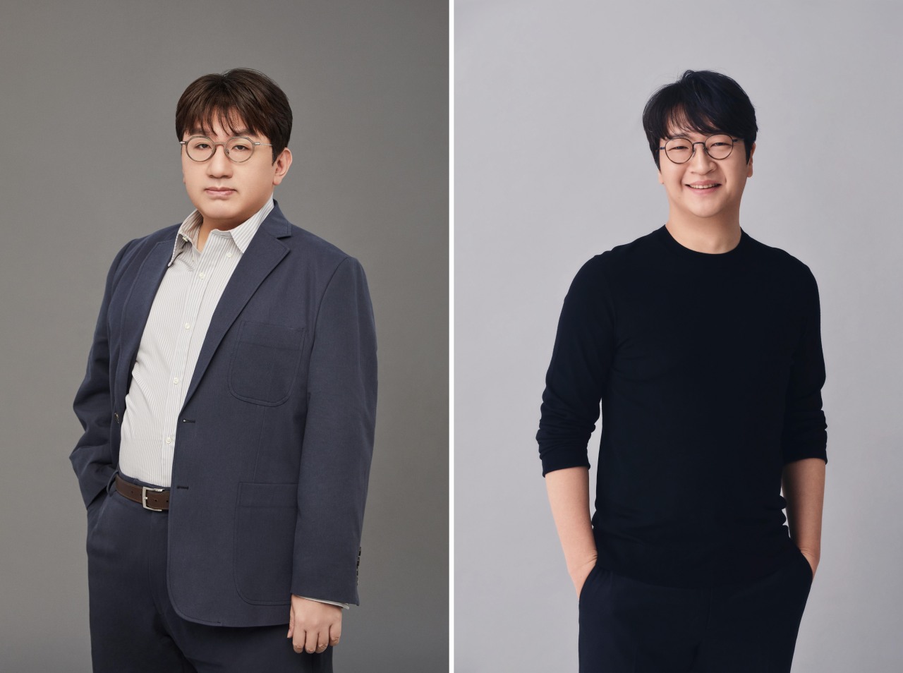 Hybe Chairman and CEO Bang Si-hyuk (left) and Global CEO Yoon Suk-joon (Hybe)