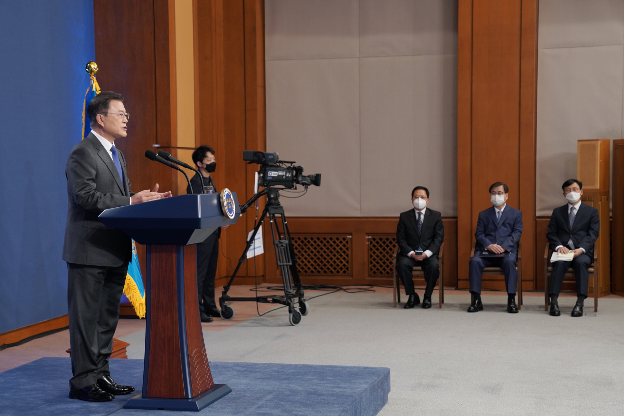 President Moon Jae-in delivers a special address at Cheong Wa Dae in Seoul on Monday, to mark the fourth anniversary of his inauguration. (Yonhap)