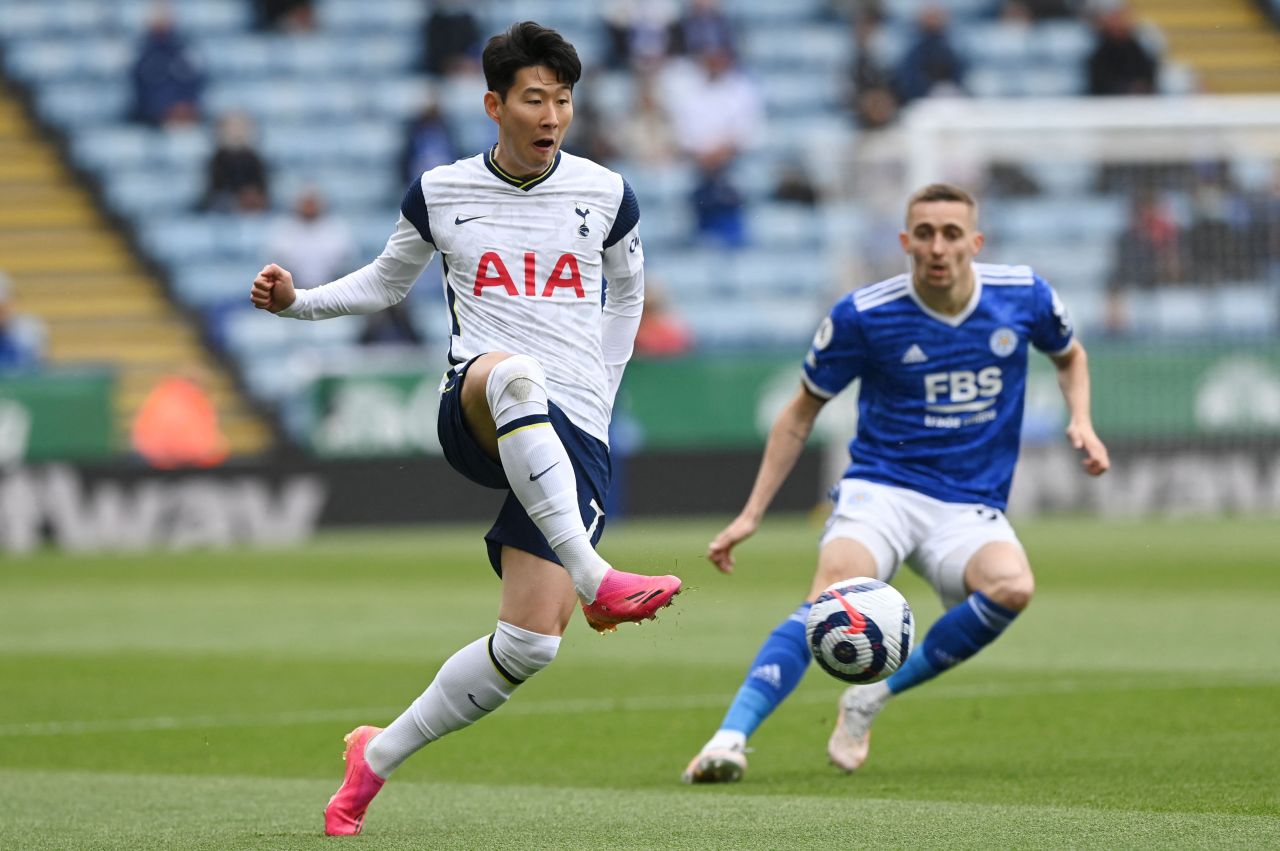 In this AFP photo, Son Heung-min of Tottenham Hotspur (L) plays the ball past Timothy Castagne of Leicester City during their Premier League match at King Power Stadium in Leicester, England, on Sunday. (AFP-Yonhap)