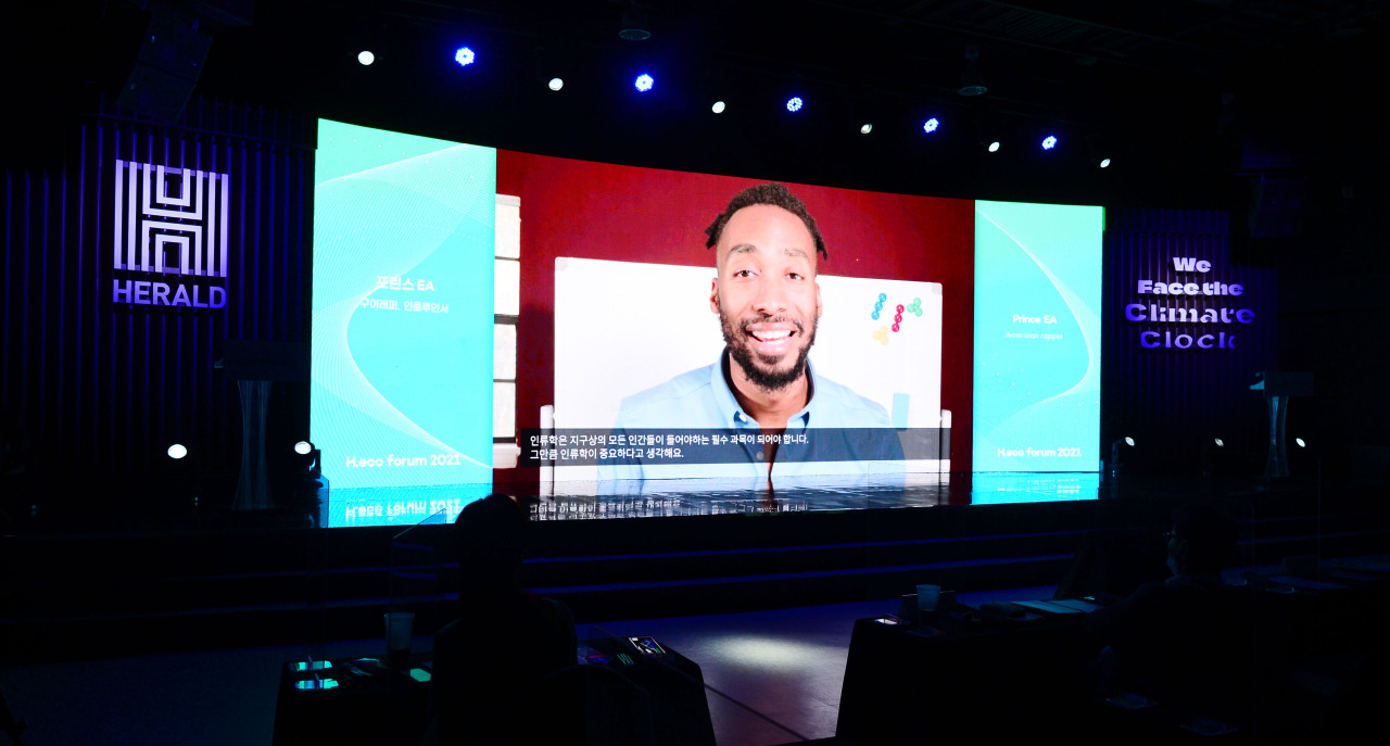 American rapper Prince Ea is shown in a prerecorded video during the H.eco Forum in Seoul on Thursday. (Park Hae-mook/The Herald Business)