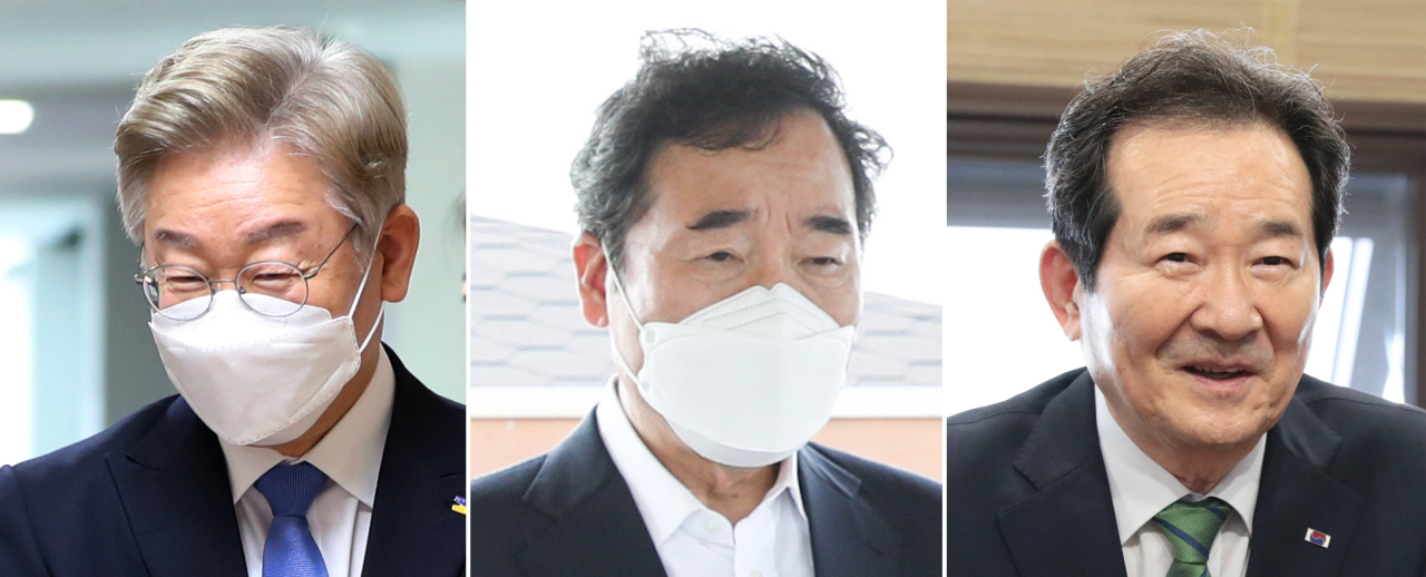 This combined photo taken June 25, 2021, shows the ruling Democratic Party's presidential hopefuls -- (from L to R) Gyeonggi Gov. Lee Jae-myung, the party's former chief Lee Nak-yon and former Prime Minister Chung Sye-kyun. The party decided the same day not to postpone its primary elections to pick the standard-bearer for next year's presidential election in March, confirming the party's schedule to pick its sole presidential candidate by Sept. 10. (Yonhap)