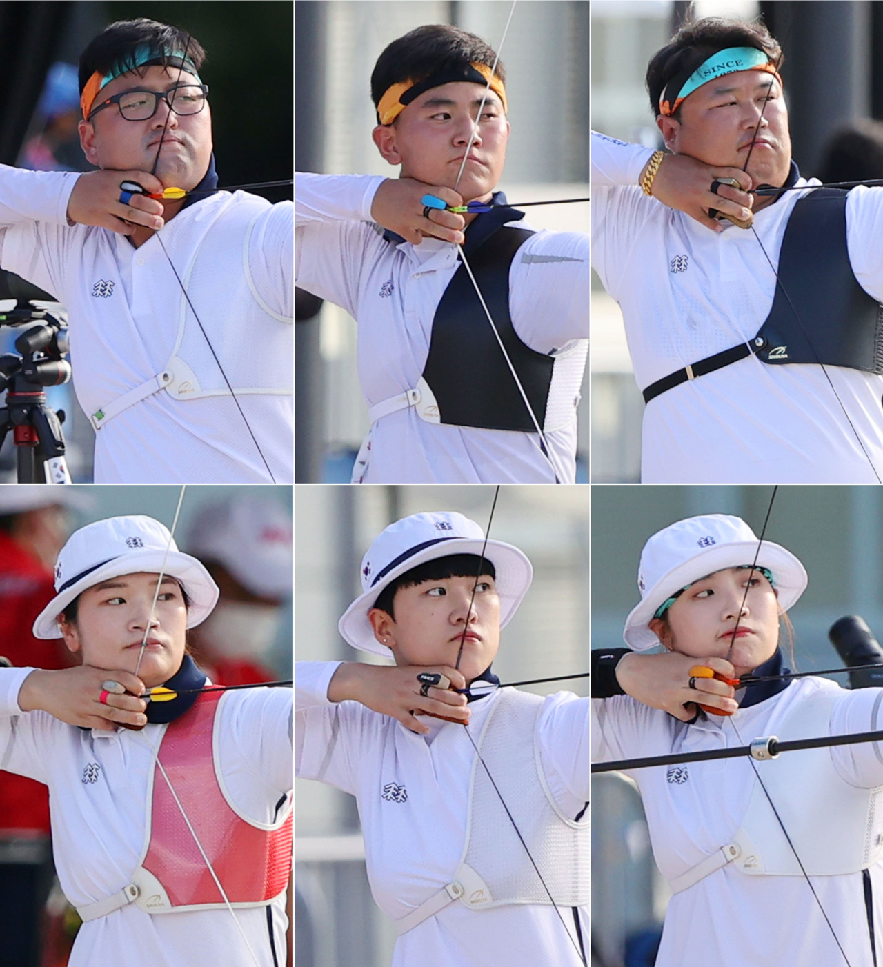 South Korean archers train for the Tokyo Olympics at Yumenoshima Archery Field in Tokyo on Tuesday. Clockwise from top left are Kim Woo-jin, Kim Je-deok, Oh Jin-hyek, Jang Min-hee, An San and Kang Chae-young. (Yonhap)