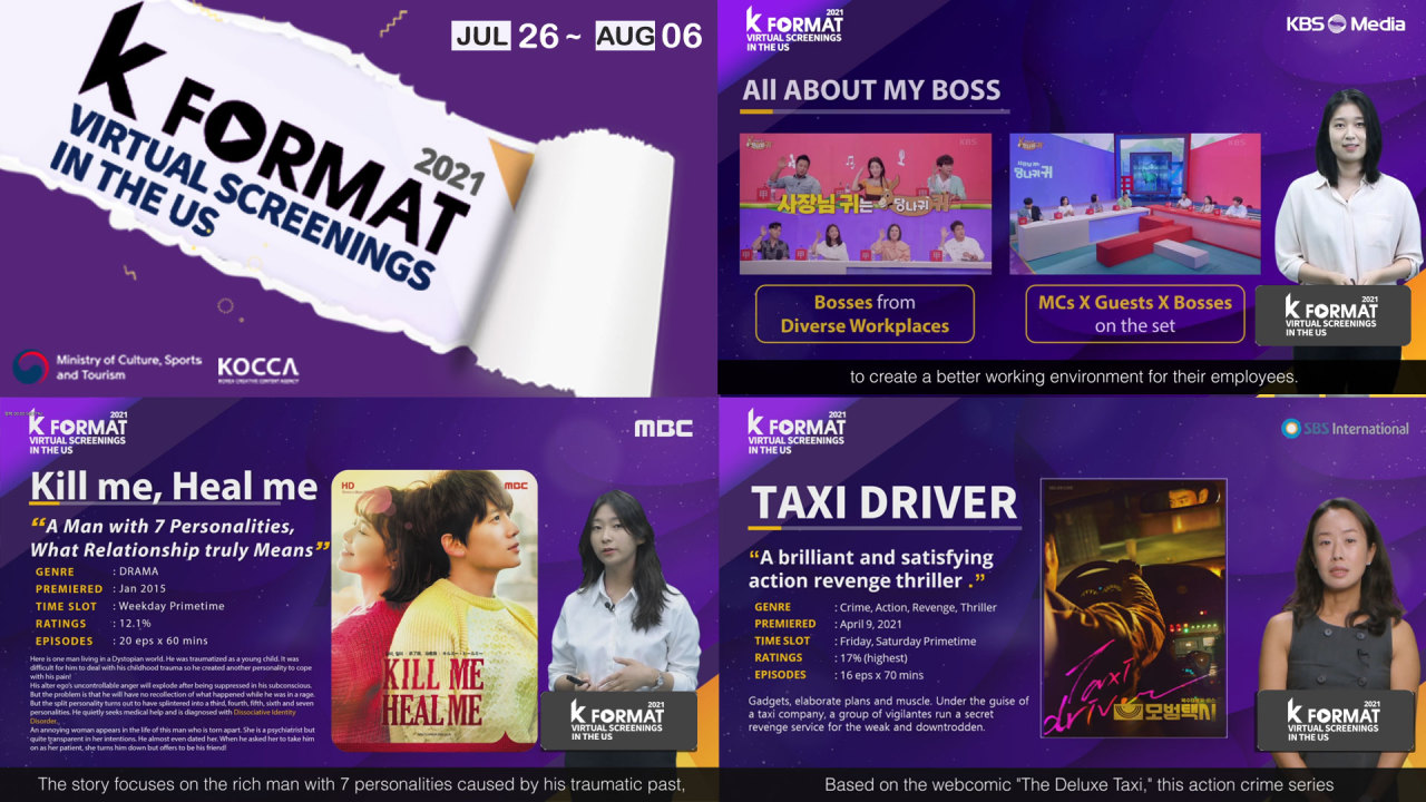 The image shows KBS Media’s “All About My Boss” (top right), MBC’s “Kill Me, Heal Me” (bottom left) and SBS International’s “Taxi Driver” (bottom right) (KOCCA)