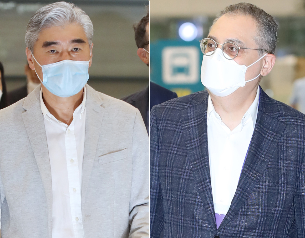 US Special Representative for North Korea Sung Kim (left) and Russia’s Deputy Foreign Minister Igor Morgulov arrive separately at Incheon Airport on Saturday. (Yonhap)
