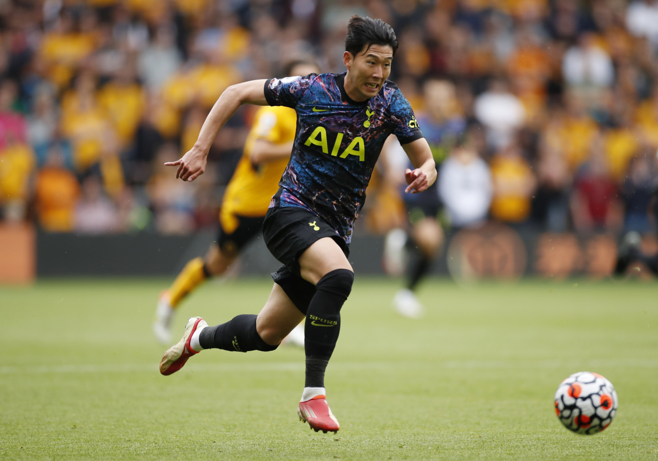 In this Action Images photo via Reuters, Son Heung-min of Tottenham Hotspur dribbles the ball during a Premier League match against Wolverhampton Wanderers at Molineux Stadium in Wolverhampton, England, on Aug. 22, 2021. (Reuters-Yonhap)
