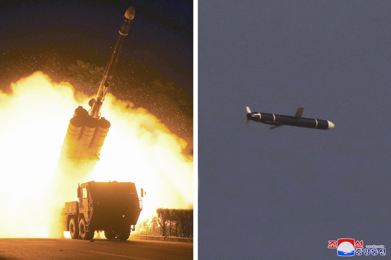 In this photos, provided by the Korean Central News Agency on Monday, show a missile being fired and traveling in the sky. (KCNA-Yonhap)