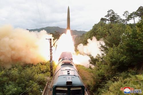 North Korea fires a ballistic missile from a train on Sept. 15, 2021. (KCNA-Yonhap)
