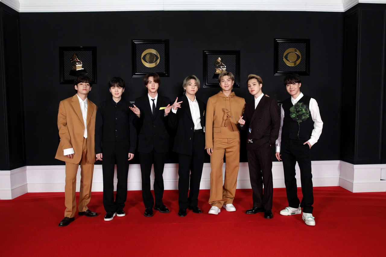 The members of K-pop sensation BTS pose for a picture on the red carpet at the 63rd Grammy Awards in Los Angeles in March. (Big Hit Music)
