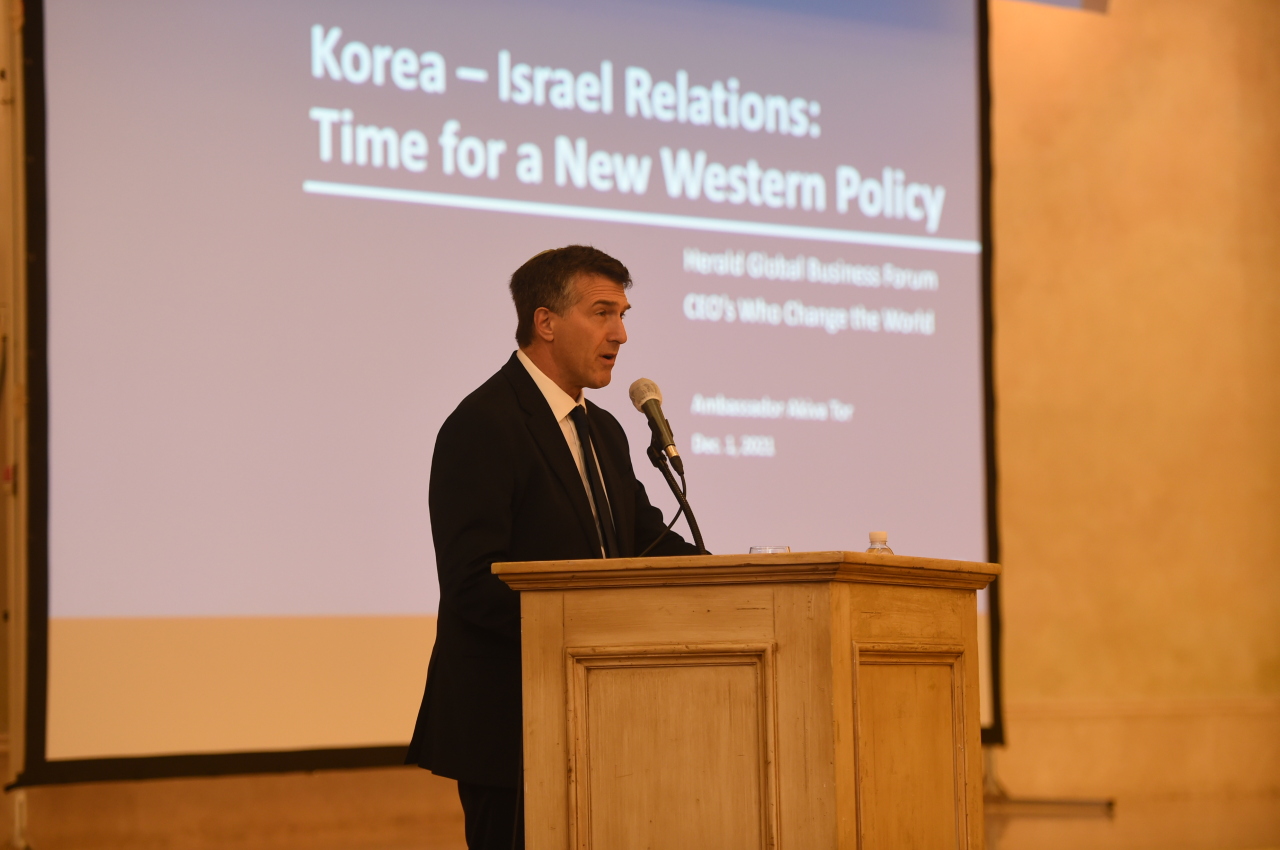 Israeli Ambassador Akiva Tor delivering opening remarks at the eighth day of Eurasian Economic and Cultural Forum 2021 hosted by The Korea Herald in Seoul. (Damda Studio)