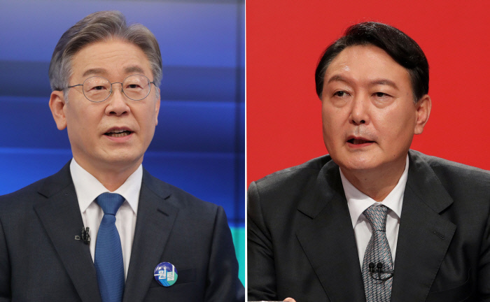 Democratic Party candidate Lee Jae-myung (left) and People Power Party presidential candidate Yoon Suk-youl (Yonhap)