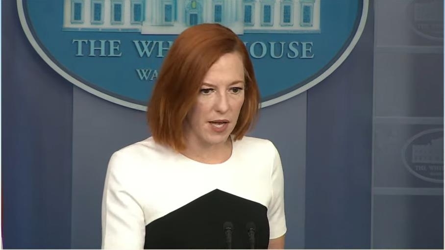 White House Press Secretary Jen Psaki is seen answering questions in a daily press briefing at the White House in Washington on Monday in this image captured from the website of the White House. (Yonhap)