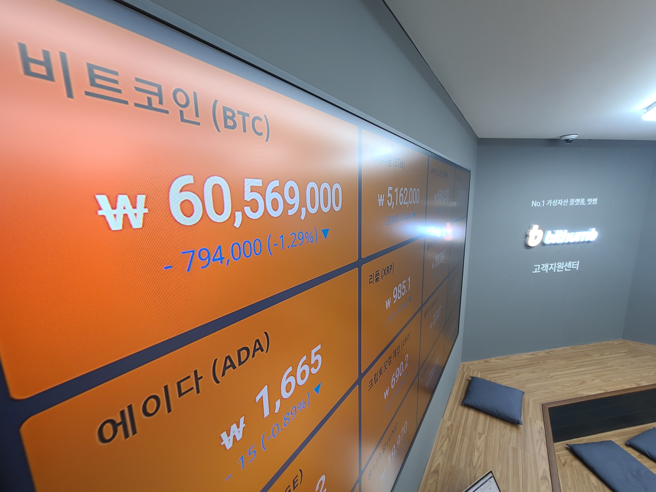 An electric board shows prices of Bitcoin on Dec. 6 at the customer service center of Bithumb, one of S. Korea's largest cryptocurrency exchanges. (Yonhap)