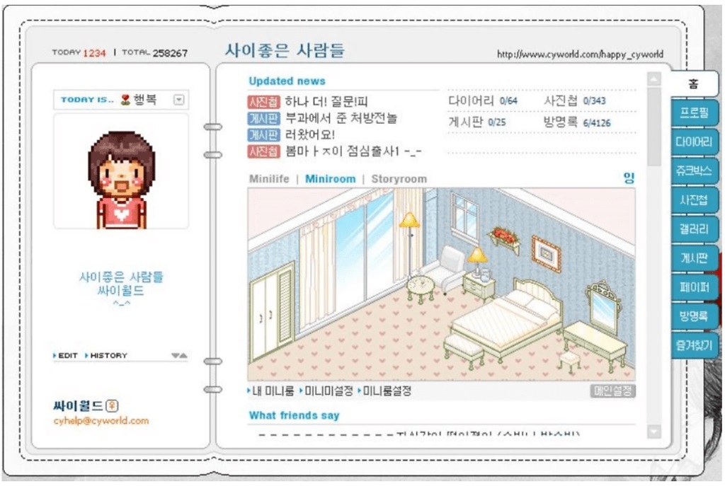 Remember Cyworld? The once-popular microblogging platform had mini homepages like this one where users can decorate their personal avatars and the mini room. (Cyworld)