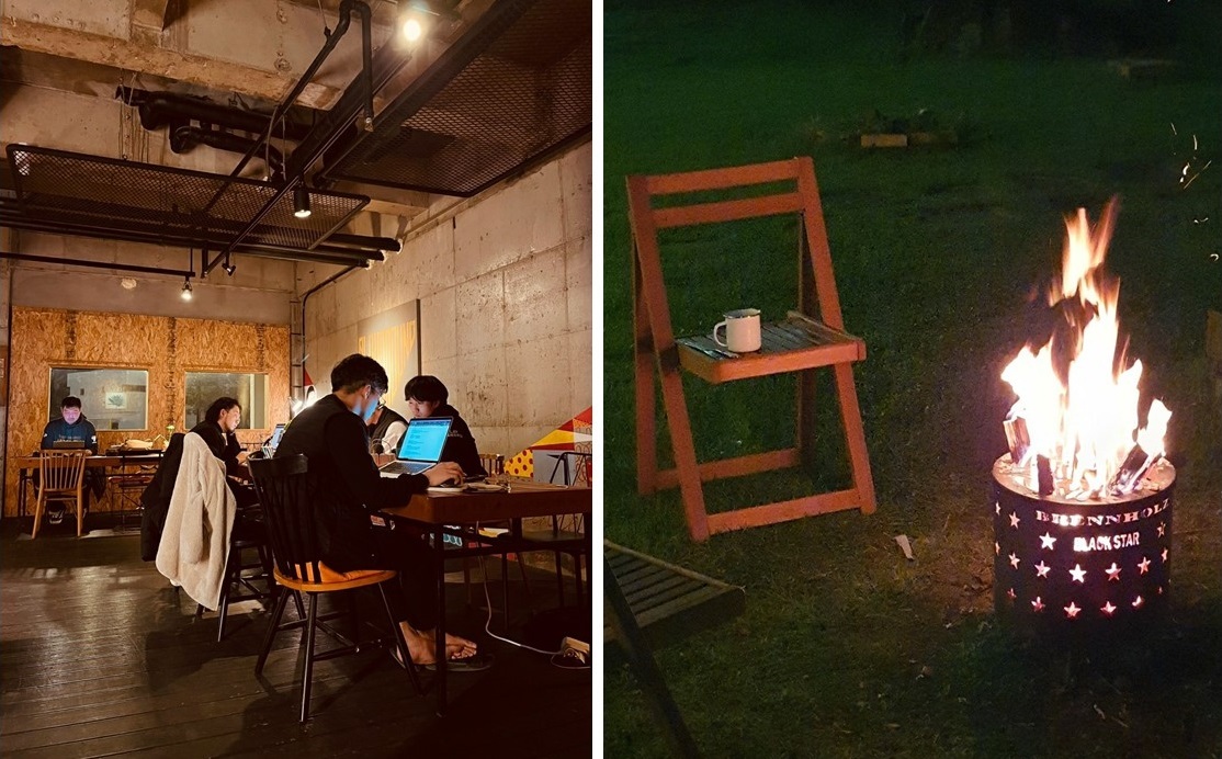 A group of workers from local startup Thinction Studio, which offers web publishing services, have a meeting in a shared working space at Playground Jeju, an operator of a co-working space and accommodation in Hallim-eup, Jeju Island. / A campfire zone provided by Playground Jeju. (Playground Jeju)