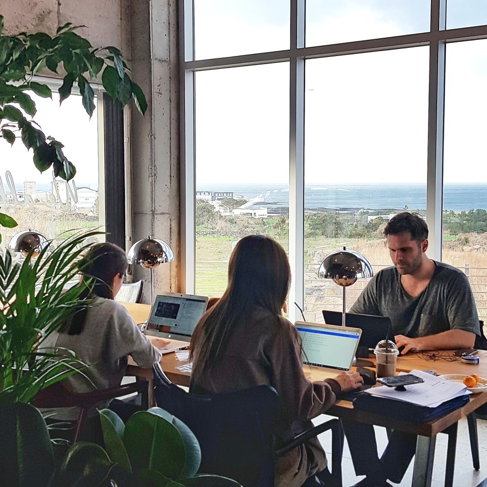 Guests work at a shared working space at O-PEACE JEJU. (O-PEACE JEJU)