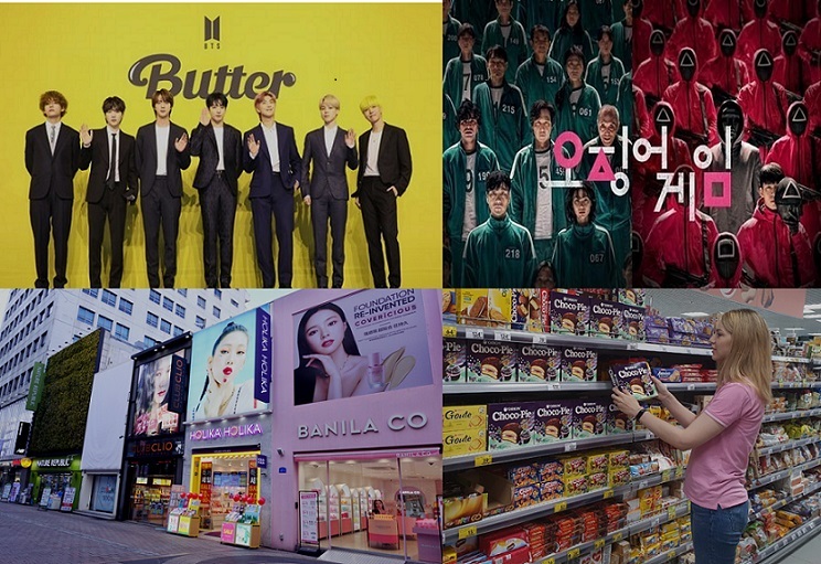 Clockwise from top left: Boy band BTS, Netflix series “Squid Game,” a shopper checking out Orion Choco Pie in Russia and cosmetics stores lining the streets of Myeong-dong in Seoul (Photos provided by Big Hit Music, Netflix, The Korea Herald and Orion)
