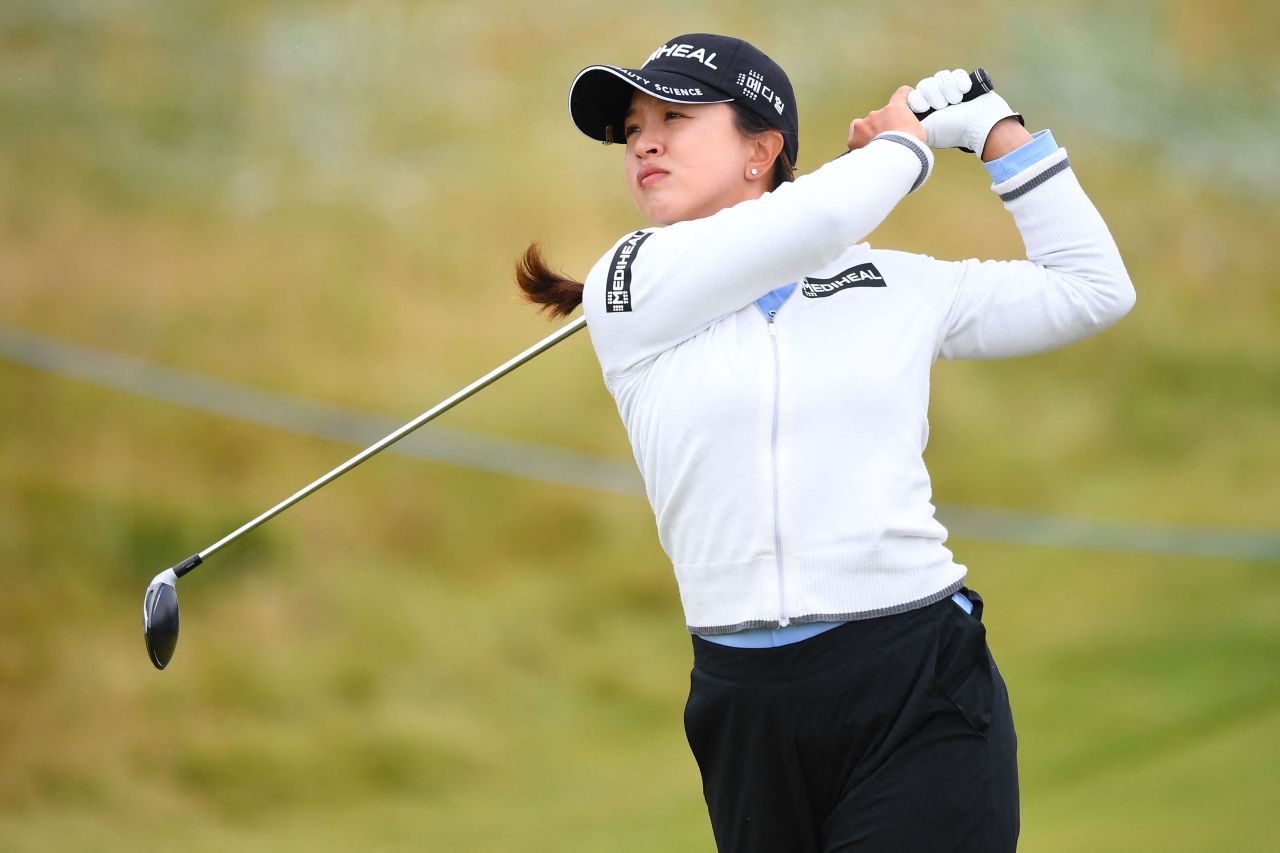 In this Associated Press photo, Kim Sei-young of South Korea hits a tee shot on the fifth hole during the third round of the AIG Women's Open at Carnoustie Golf Links in Carnoustie, Scotland, on Aug. 14, 2021. (AP-Yonhap)