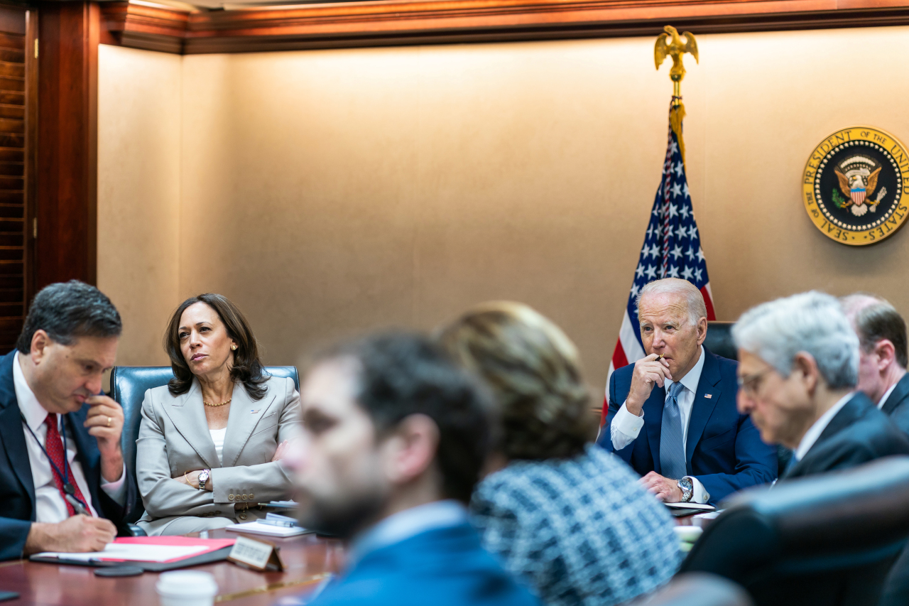 President Joe Biden and Vice President Kamala Harris hold a national security cyber briefing to discuss efforts to counter ransomware, Wednesday, July 7, 2021, in the White House Situation Room. (Official White House Photo by Cameron Smith)