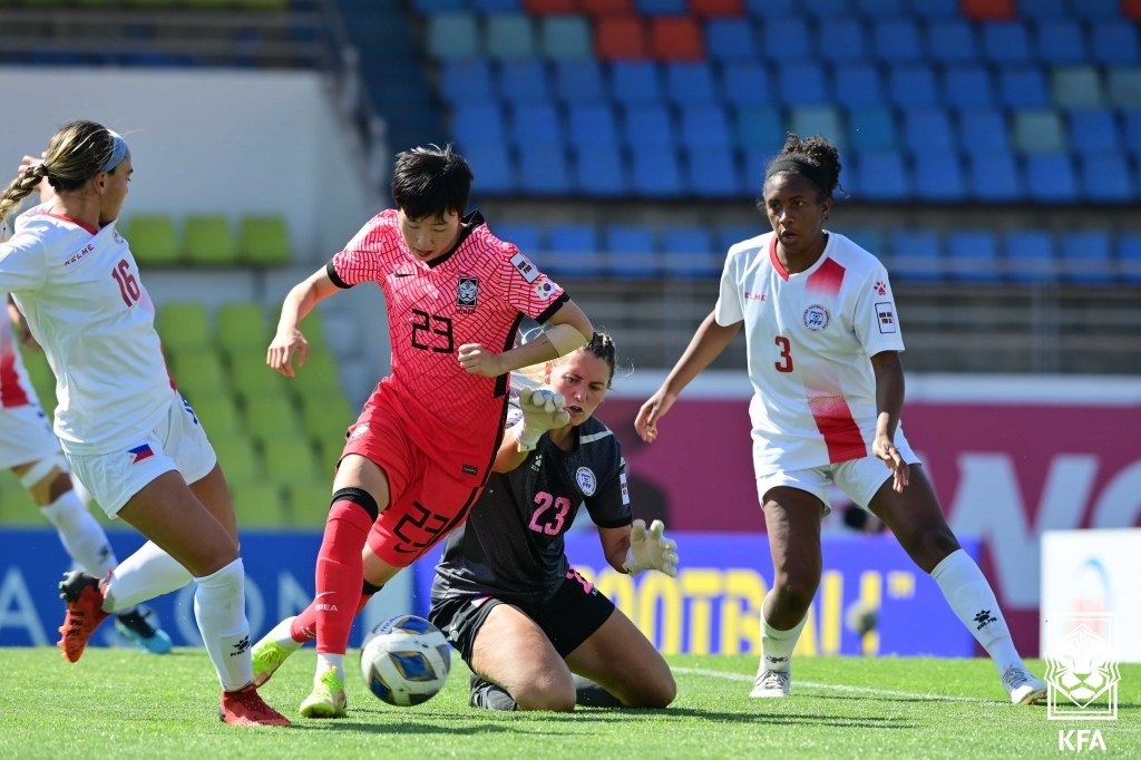 South Korean football player Son Hwa-yeon in action in a football match against the Philippines women's national team Thursday. (Yonhap)