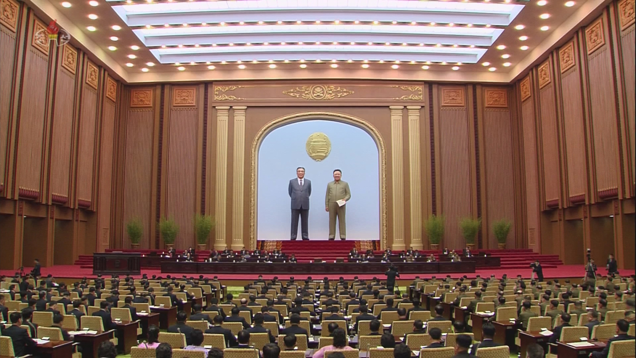 North Korea convened the sixth session of the 14th Supreme People’s Assembly in Pyongyang on Sunday and Monday, in this photo captured from the North’s official Korean Central Television on Tuesday. Leader Kim Jong-un did not attend the meeting. (KCTV-Yonhap)