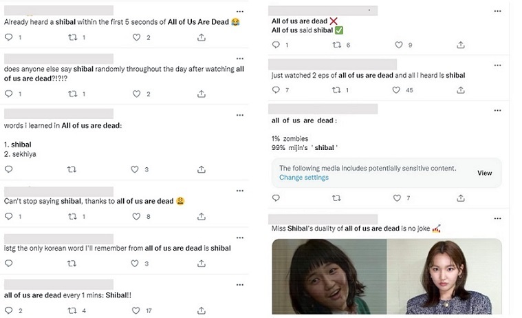 A screenshot of tweets posted by foreign viewers of “All of Us Are Dead,“ commenting on the overuse of slang words in the show. (Twitter)