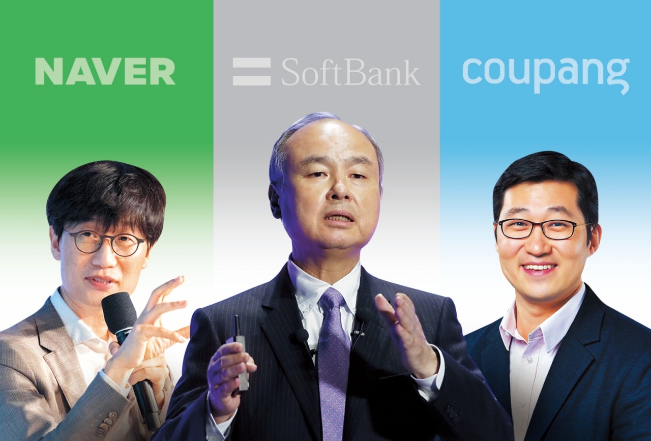Naver’s founder and global investment officer Lee Hae-jin, SoftBank’s founder Masayoshi Son, and Coupang’s founder Kim Bom