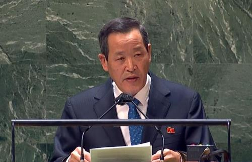 North Korean Ambassador to the United Nations Kim Song speaks at an emergency session of the UN General Assembly in New York on Tuesday, in this photo captured from the UN Web TV. (UN Web TV)
