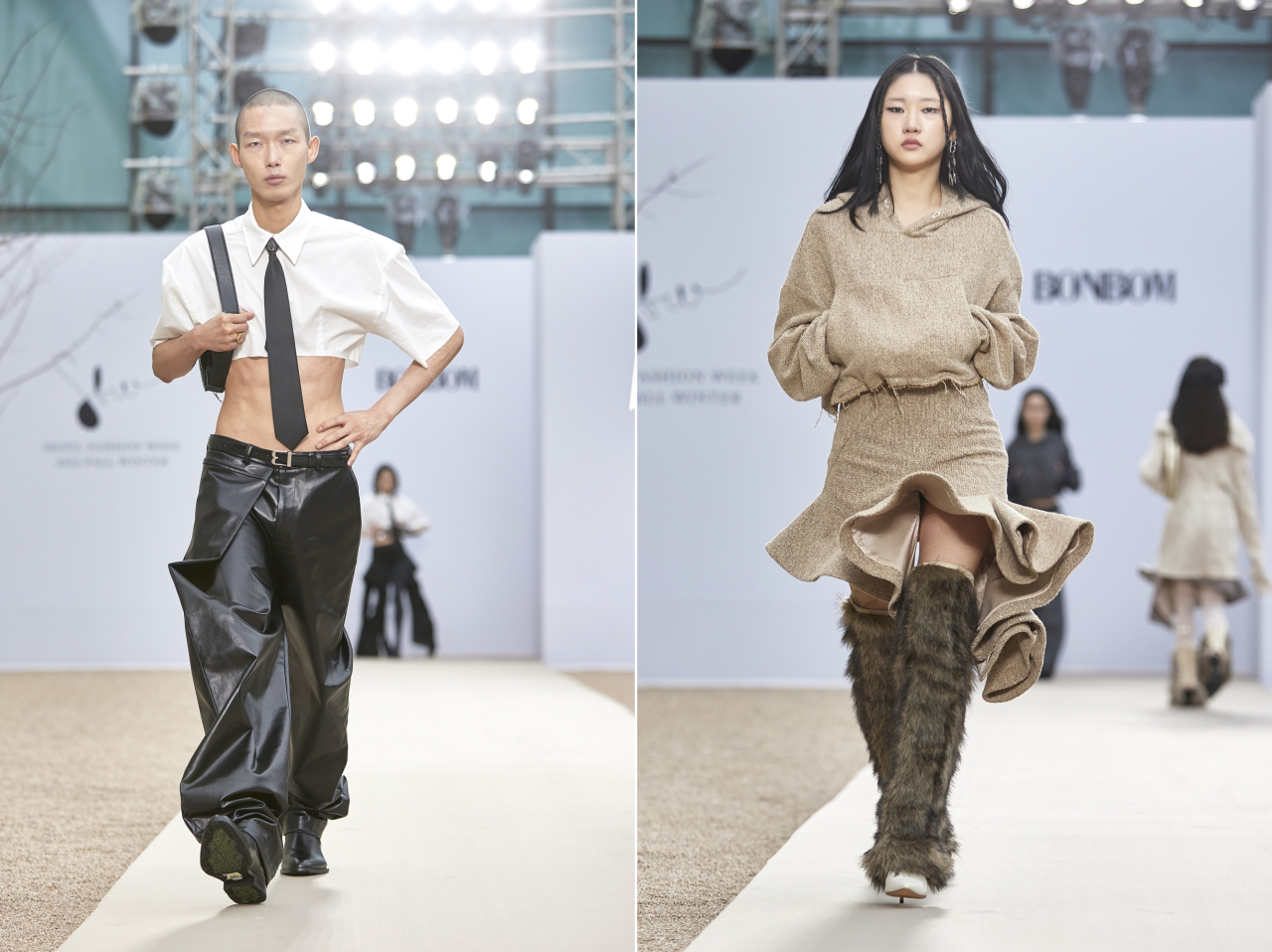 Looks from Bonbom’s 2022 fall-winter collection are presented at Seoul Fashion Week held at the Seoul Museum of Craft Art in central Seoul on Friday. (Seoul Fashion Week)