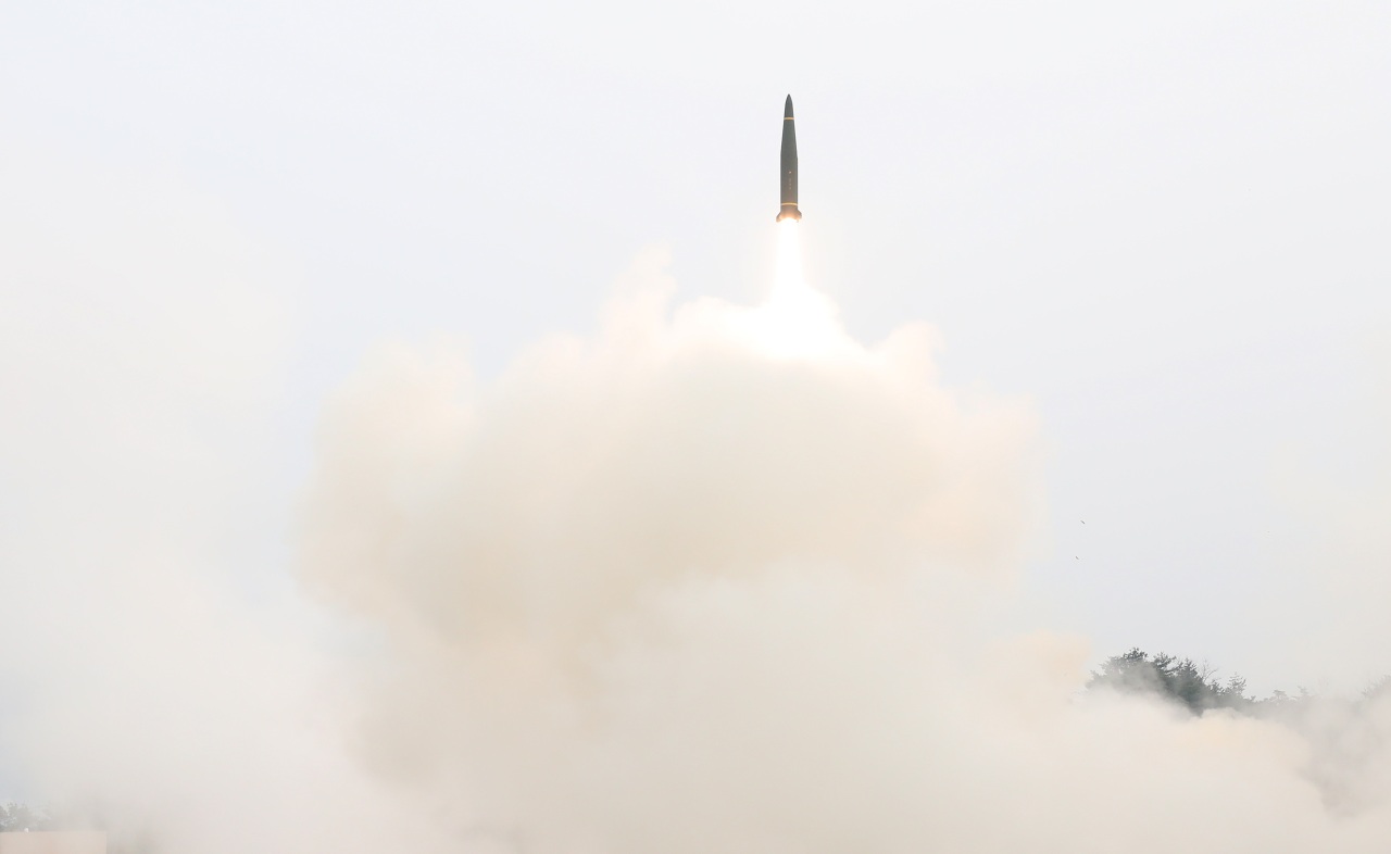 The South Korean military fires a Hyunmoo II surface-to-surface missile Thursday afternoon in Gangneung, Gangwon Province (Joint Chiefs of Staff)