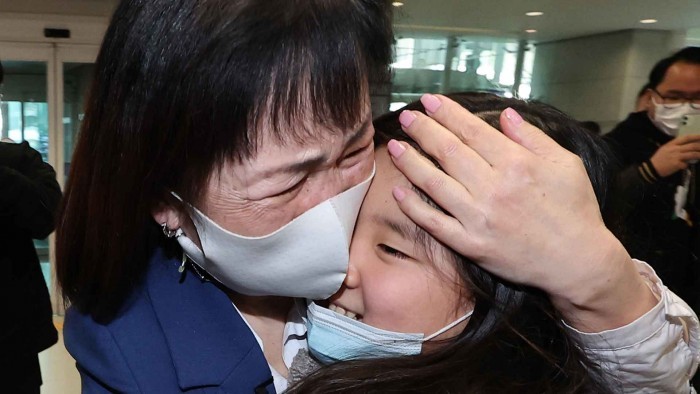 Anita, a compatriot Korean from Ukraine, fled the worn-torn country via Hungary and met with her grandmother in Incheon Airport on Mar. 22. (Yonhap)