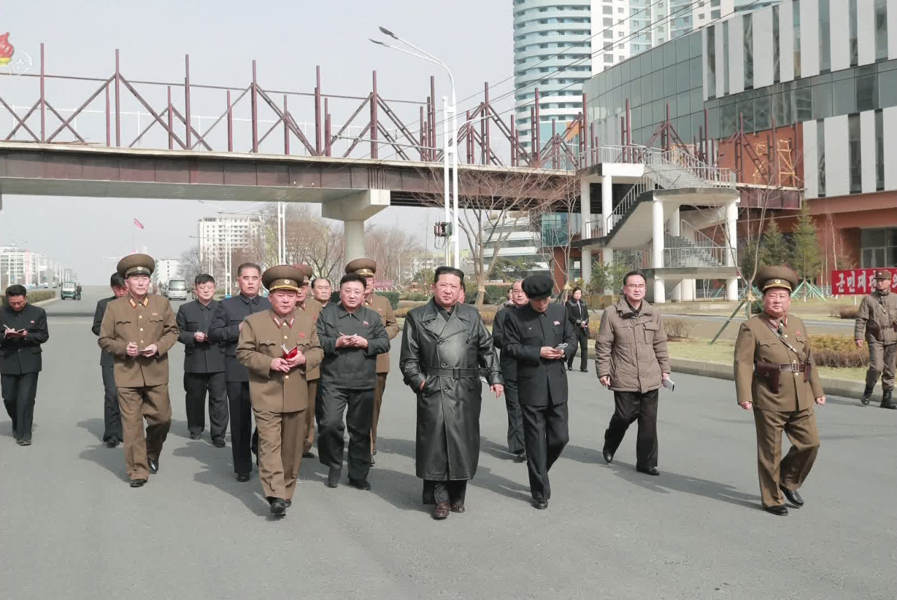 North Korean state media Korean Central Television reported on March 16, its leader Kim Jong-un inspected a construction scene in Pyongyang, North Korea. (Korean Central Television)
