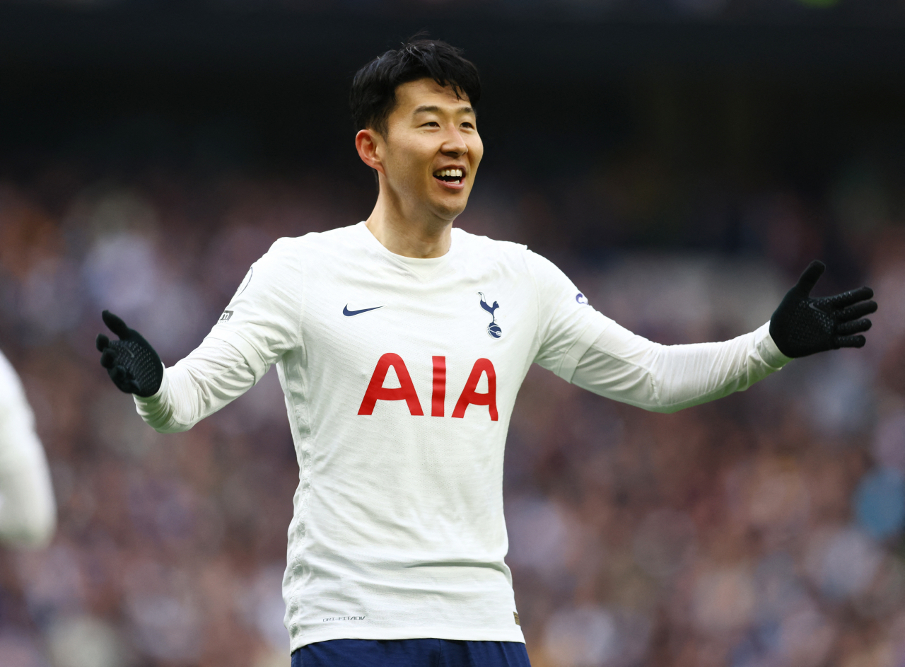 In this Reuters photo, Son Heung-min of Tottenham Hotspur celebrates his goal against Newcastle United during the clubs' Premier League match at Tottenham Hotspur Stadium in London on Sunday. (Reuters)