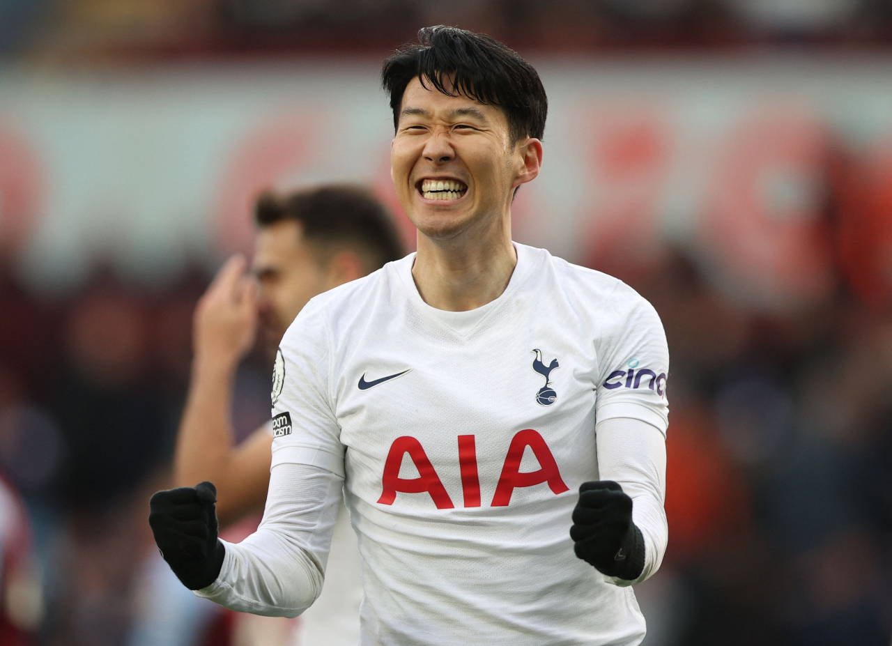 In this Reuters photo, Son Heung-min of Tottenham Hotspur celebrates his goal against Aston Villa during the clubs' Premier League match at Villa Park in Birmingham, England, last Saturday. (Reuters)