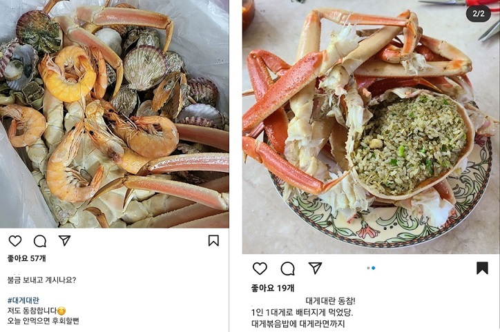 A screenshot of posts on Instagram shows photos of Russian crabs bought at bargain prices. (Instagram)