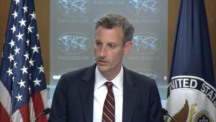 US Department of State Press Secretary Ned Price is seen answering a question in a press briefing at the department in Washington on Thursday in this image captured from the department's website. (US Department of State)