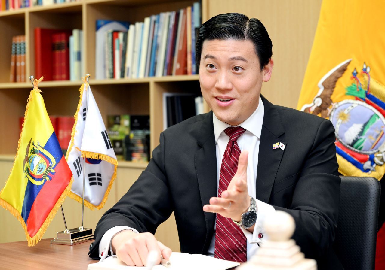 Ecuadorian Ambassador Adrian Kao speaks during a recent interview with The Korea Herald at the Embassy of Ecuador in Jongno-gu, Seoul, March 30.(Park Hyun-koo/The Korea Herald)