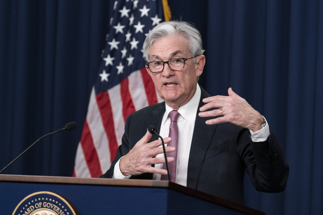 This AP photo shows Federal Reserve Board Chair Jerome Powell speaking during a news conference at the Federal Reserve in Washington on Wednesday in Washington, as the central bank intensified its drive to curb the worst inflation in 40 years by raising its benchmark short-term interest rate by a sizable half-percentage point. (AP-Yonhap)