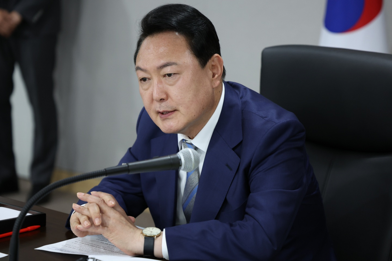 President-elect Yoon Suk-yeol presides over a security meeting at the national crisis management center at the new presidential office in Yongsan, Seoul, on Friday, in this photo provided by his office. (Yonhap)