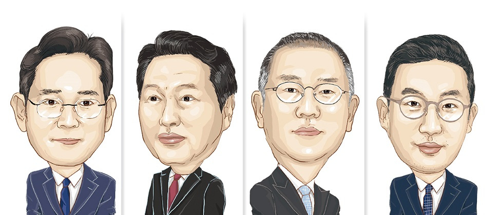 From left are Samsung Electronics Vice Chairman Lee Jae-yong, SK Group Chairman Chey Tae-won, Hyundai Motor Group Chairman Chung Euisun and LG Group Chairman Koo Kwang-mo. (Illustration by Park Ji-young)