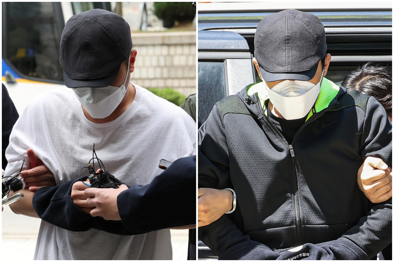 These photos show two brothers, including an employee at Woori Bank, who were indicted for embezzling 61 billion won. (Yonhap)