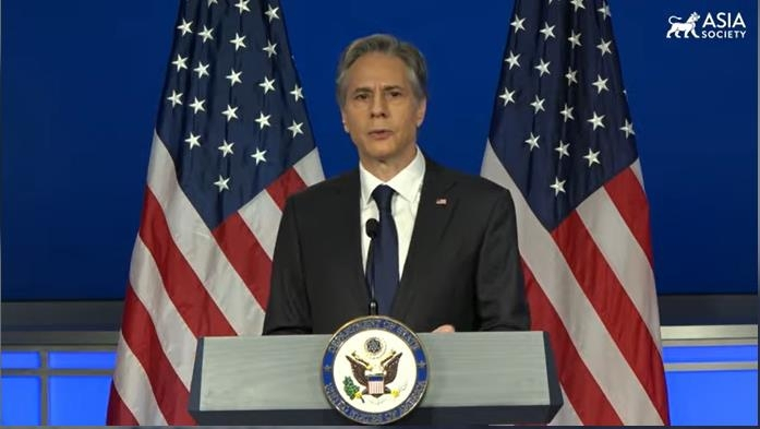 US Secretary of State Antony Blinken is seen delivering an address on US policy toward China at George Washington University in Washington on Thursday, 2022 in this image captured from the state department's website. (Yonhap)