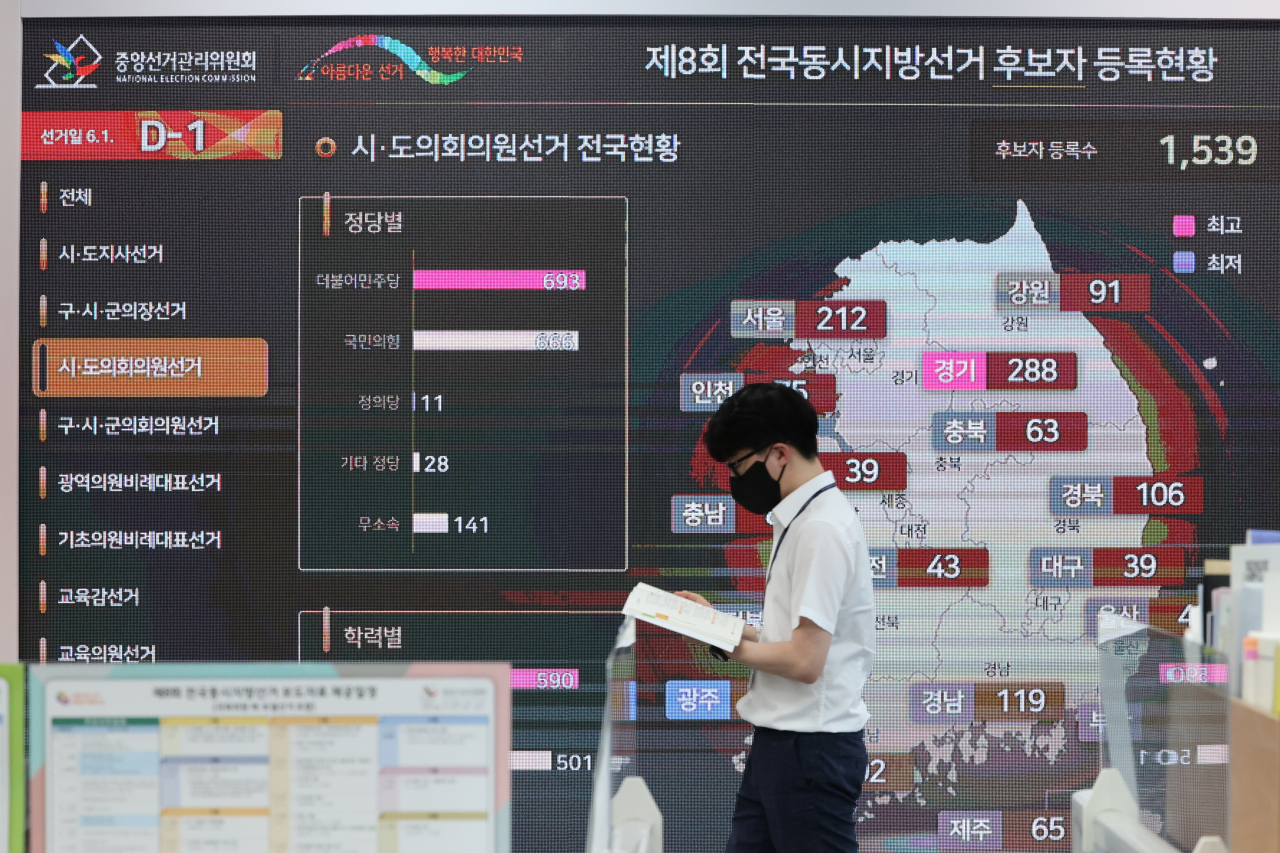 An official works in the situation room of the National Election Commission in Gwacheon, Gyeonggi Province, Tuesday, one day ahead of the June 1 local elections. (Yonhap)